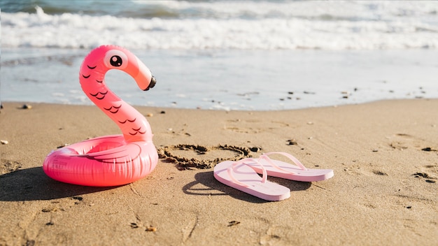 Free photo flip flops and inflatable flamingo at the beach