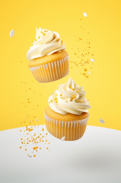 Floating delicious yellow cupcakes