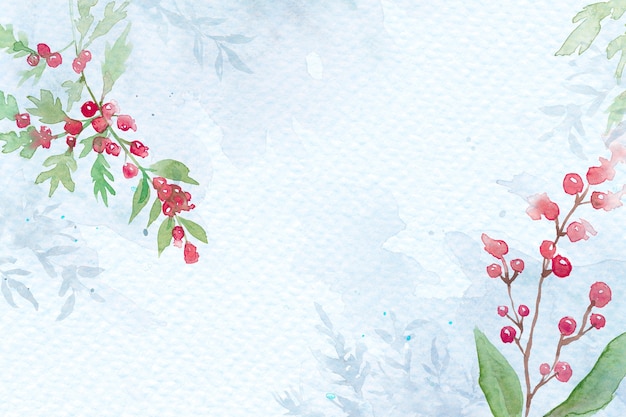 Floral christmas border background  in blue with beautiful red winterberry