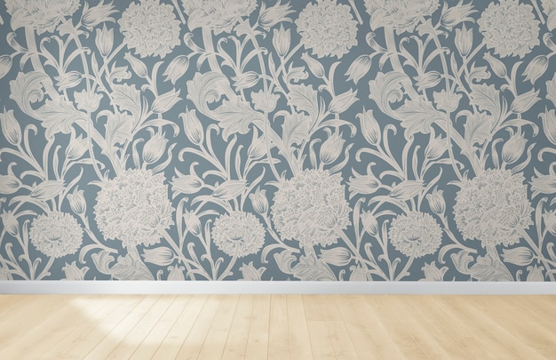 Free Photo floral wallpaper in an empty room with wooden floor