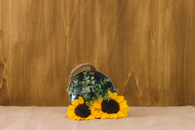 Flower composition with plants in bucket