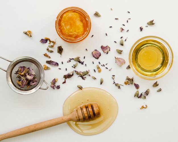 Flower tea with honey top view