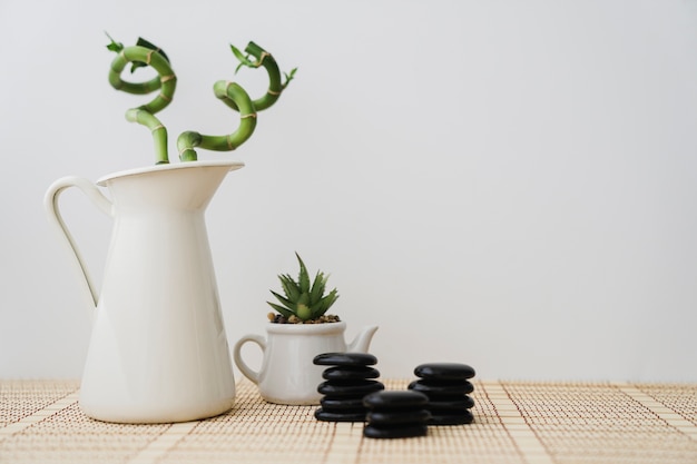 Free photo flowerpot, bamboo and black stones