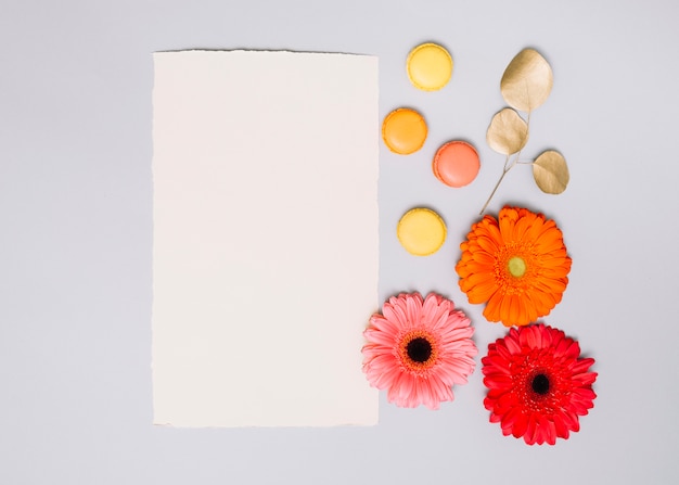 Flowers buds with cookies and paper on white table