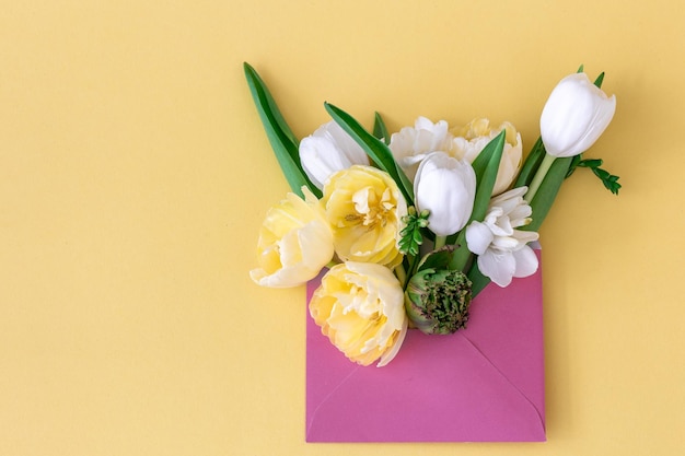 Flowers in an envelope on a colored background flat lay