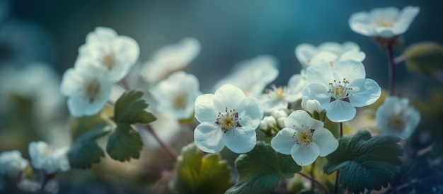 Flowers primroses on a beautiful blue background macro AI Generated Image