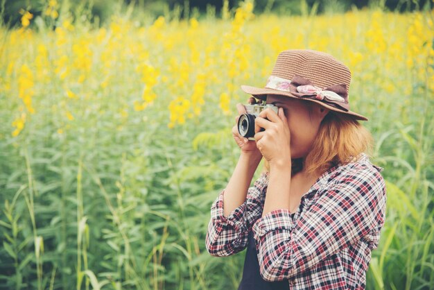 flowers taking vintage girl smiling