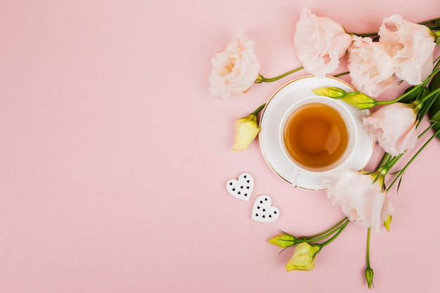 Flowers and tea in copy space