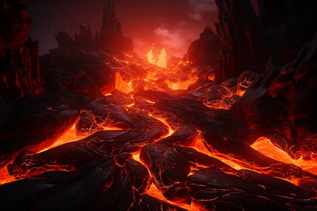 Flowing lava flow with glowing fire Fiery Steps Lead To A 3d Scene Of Lava Flowing Over Stones