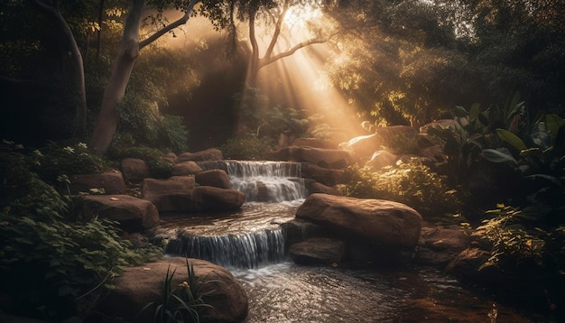 Free photo flowing water falls over rocky forest landscape generated by ai