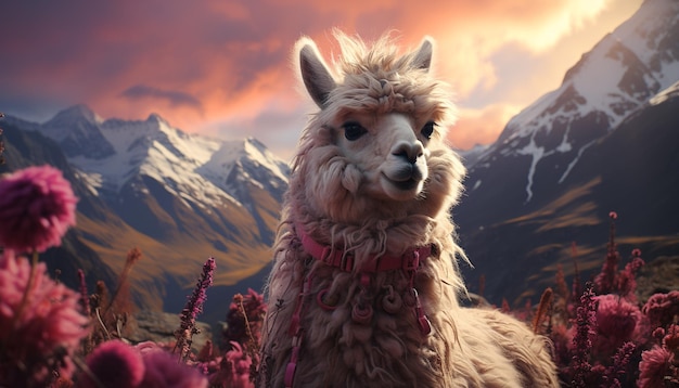 Free photo fluffy alpaca grazes on mountain meadow capturing nature beauty generated by artificial intellingence