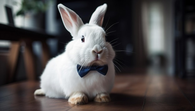 A fluffy baby rabbit in a bow tie generated by AI