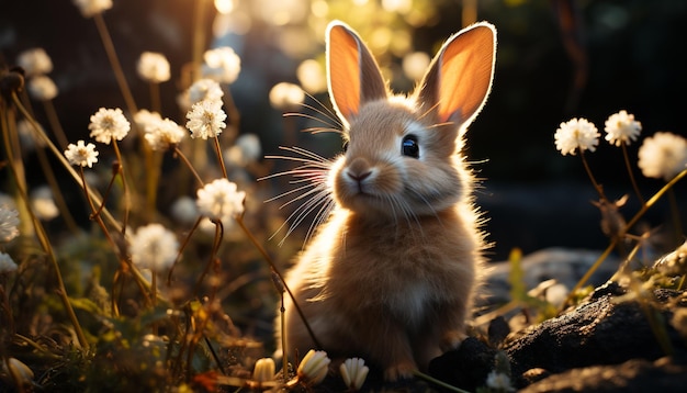 Fluffy baby rabbit sitting in green meadow enjoying nature beauty generated by artificial intelligence