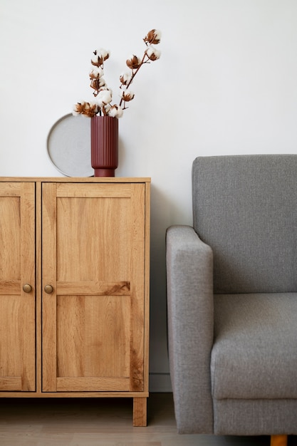 Fluffy cotton plant in vase used in interior decor