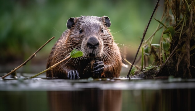 Fluffy nutria eating grass by the pond generated by AI