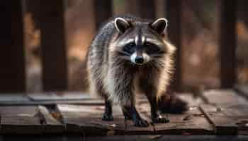 Free photo fluffy raccoon sitting in the wood forest generated by ai