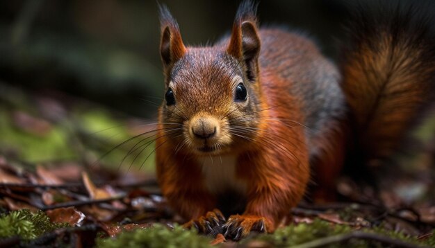 Fluffy squirrel eating on autumn tree branch generated by AI