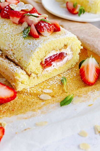 Fluffy strawberry Swiss roll food photography