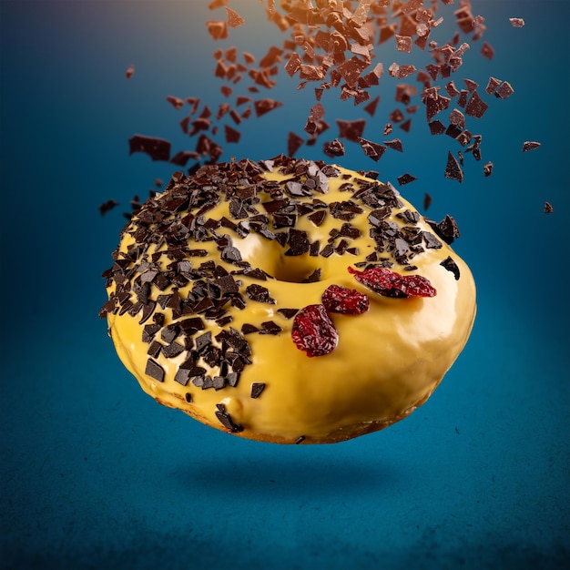 Free photo flying donut in yellow glaze with chocolate flakes and dried cranberries on blue