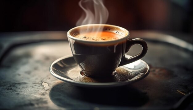 Foamy cappuccino on wood table generated by AI