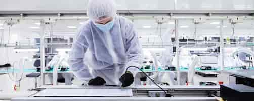 Free photo in focus is a factory worker in a white lab suit black latex gloves and face mask working with a soldering iron other workers are on the background horizontal picture