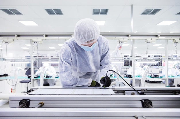 In focus is a factory worker in a white lab suit black latex gloves and face mask working with a soldering iron other workers are on the background