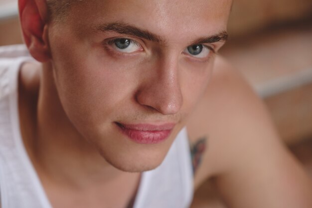 Focused look, face close-up portrait young man