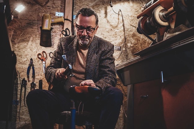 Free photo focused mature cobbler is fixing sole for boots using hammer.