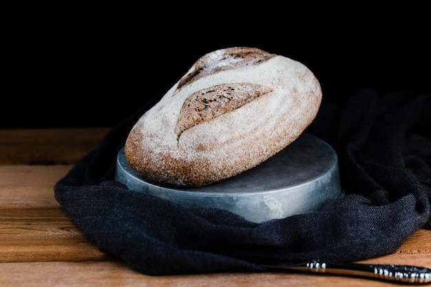 Font view of bread on wooden table