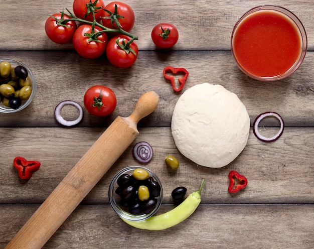 Food assortment on wooden background