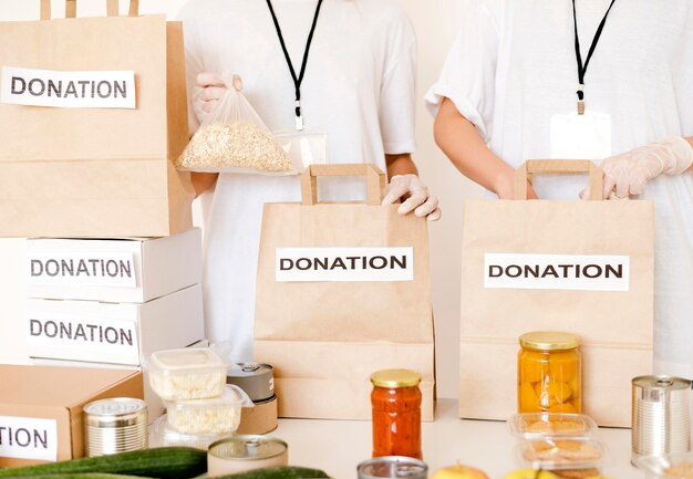 Food bags being prepared for donation