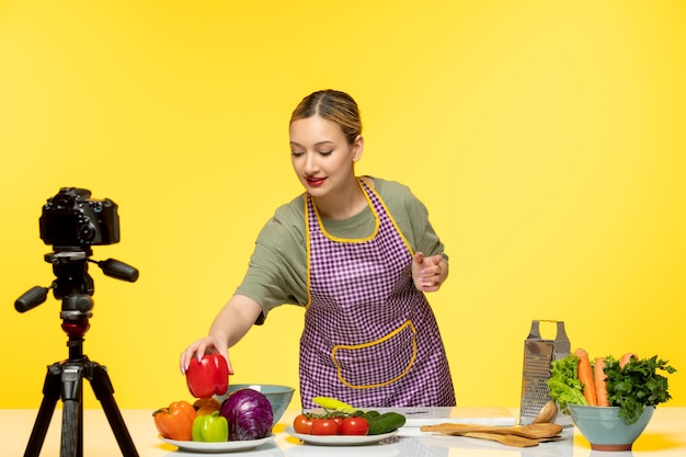 Food blogger adorable healthy chef recording video for social media