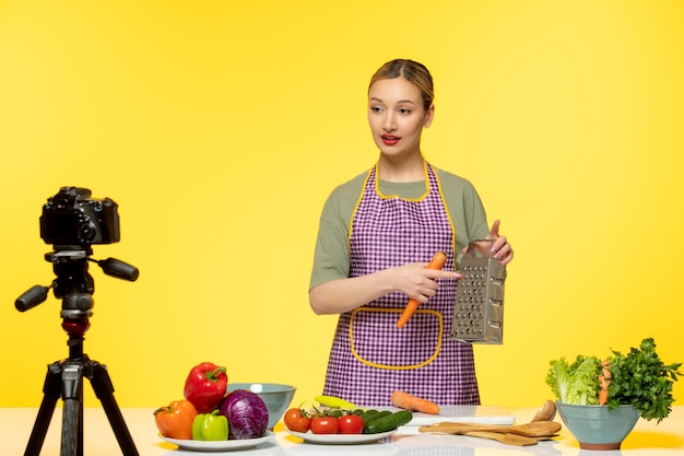 Food blogger cute fitness cook recording video for social media shredding carrot