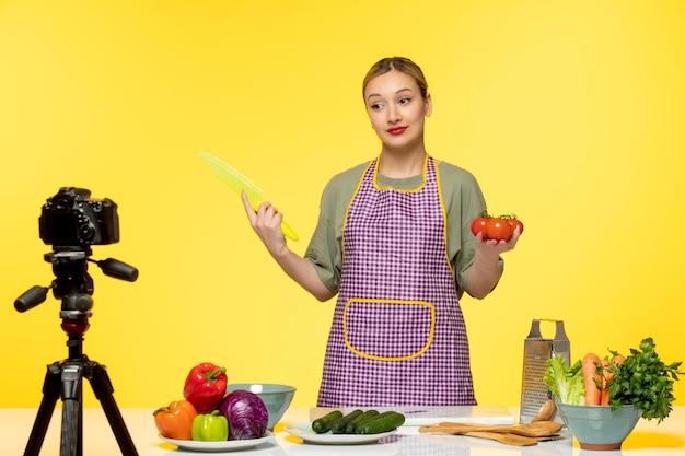 Food blogger cute healthy chef recording video for social media holding tomatoes