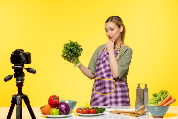 Free photo food blogger young fitness cook recording video for social media making salad