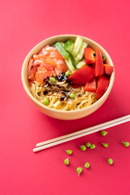 Food bowl and chopsticks high angle