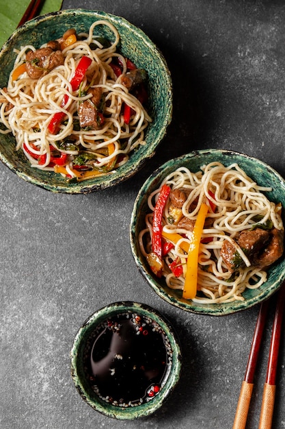 Free Photo food bowl with sticks top view