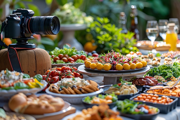 Free photo food content creator filming variety of dishes to upload on the internet