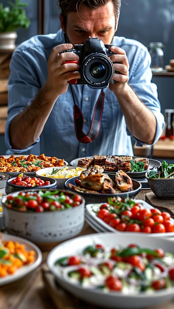 Free photo food content creator filming variety of dishes to upload on the internet