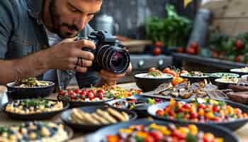 Free photo food content creator filming variety of dishes to upload on the internet