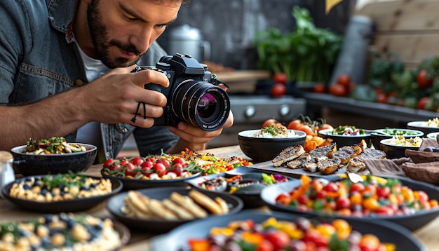 Free Photo food content creator filming variety of dishes to upload on the internet