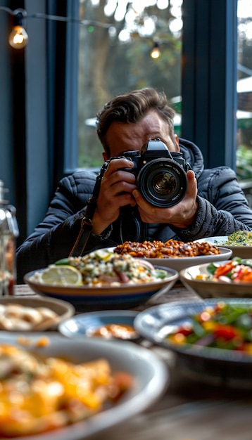 Free photo food content creator filming variety of dishes to upload on the internet