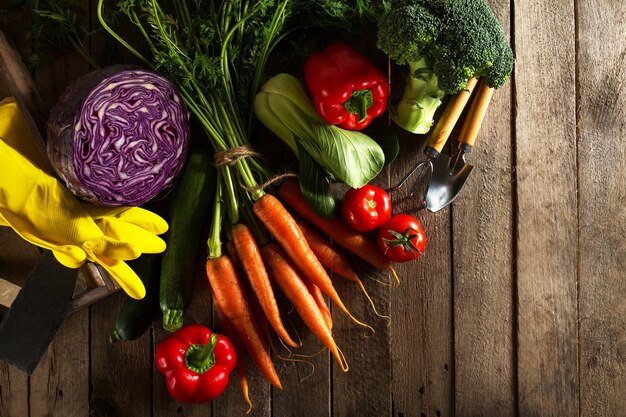 Food Vegetable Colorful Background. Tasty Fresh Vegetables on Wooden Table. Top View with Copy Space.