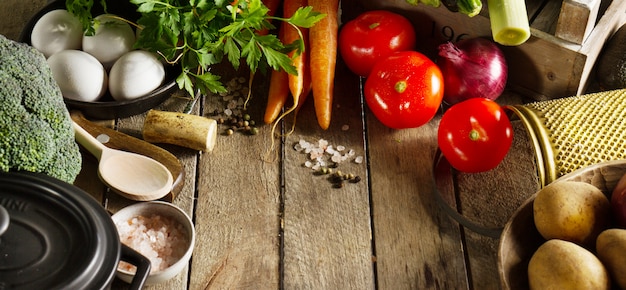 Food Vegetable Colorful Background. Tasty Fresh Vegetables on Wooden Table. Top View with Copy Space. 