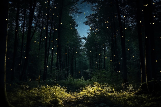 Free photo a forest full of bright fireflies at night