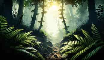 Free photo a forest path with ferns in the foreground