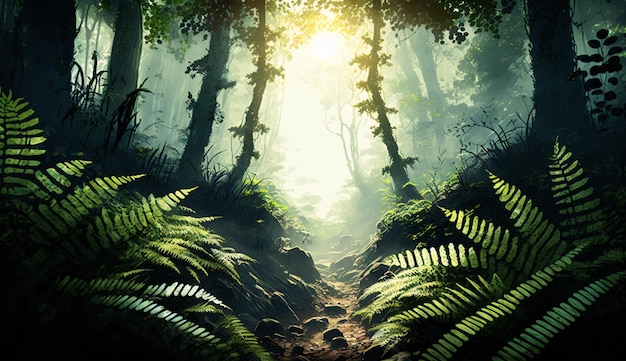 A forest path with ferns in the foreground