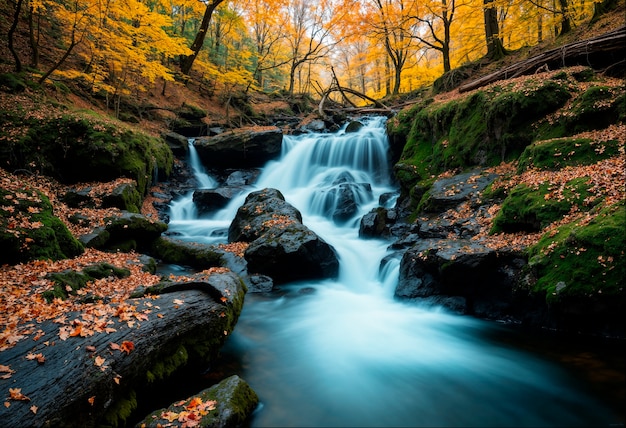 Free Photo forest waterfall in the woods during autumn