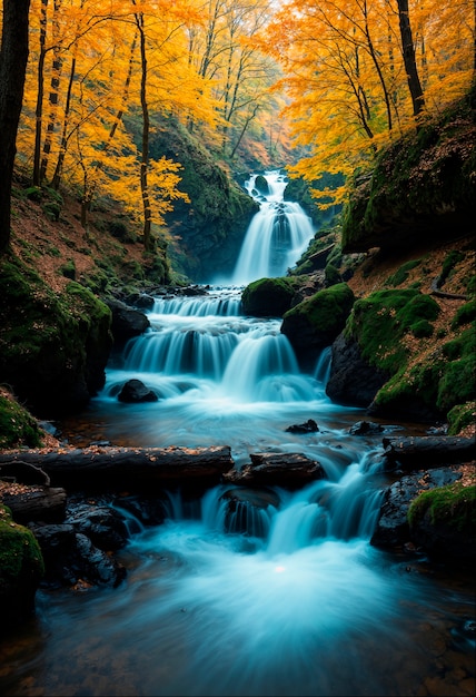 Forest waterfall in the woods during autumn