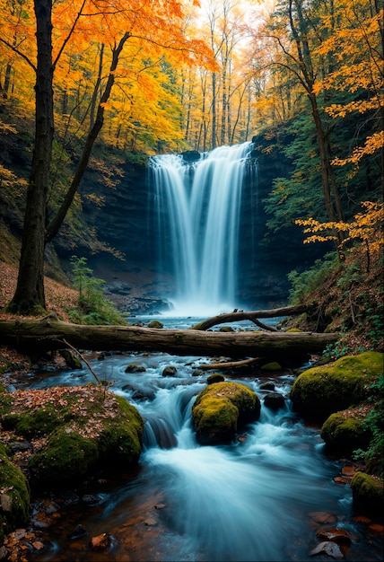 Free Photo forest waterfall in the woods during autumn